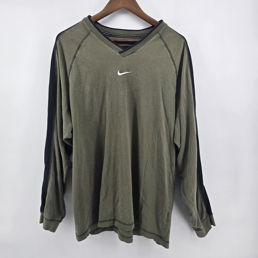 Vintage Nike Shirtโ Mens L Green Center Swoosh Logo Y2K Long Sleeve Athletic
